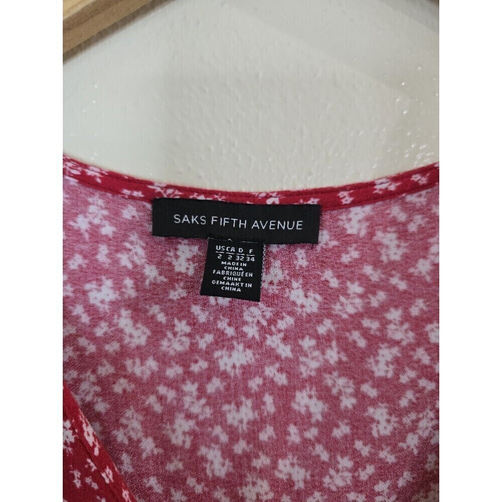 Saks Fifth Avenue Red Ditsy Floral Midi Dress V Neck Tie Back Boho Size 2 - Picture 6 of 12